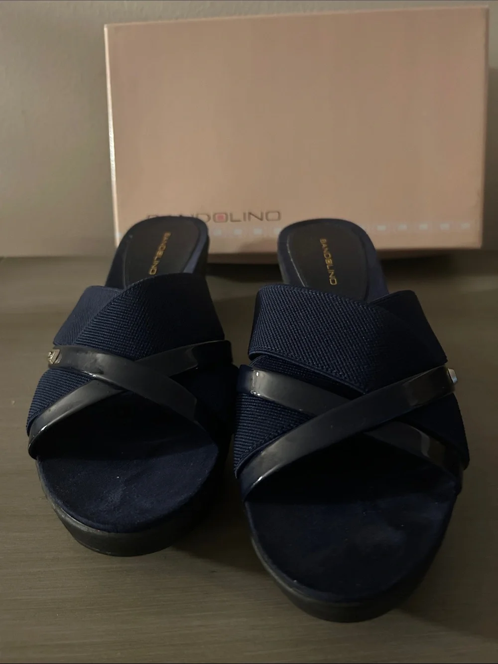 Bandolino Navy Wedge Slide Sandals with Glossy Strap